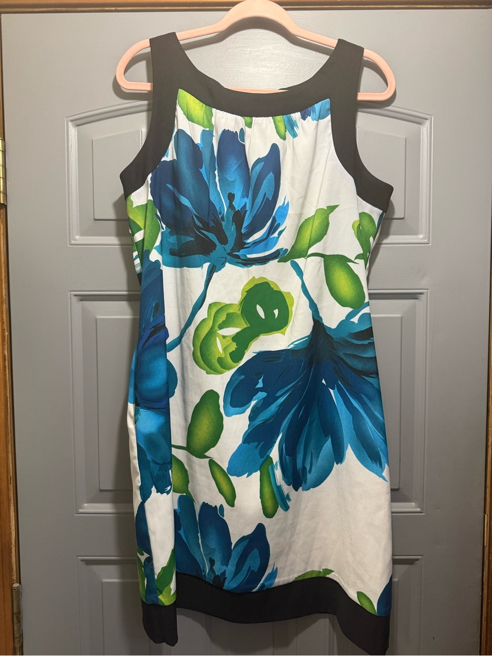 Sleeveless White Floral Shift Dress with Blue & Green Blooms
